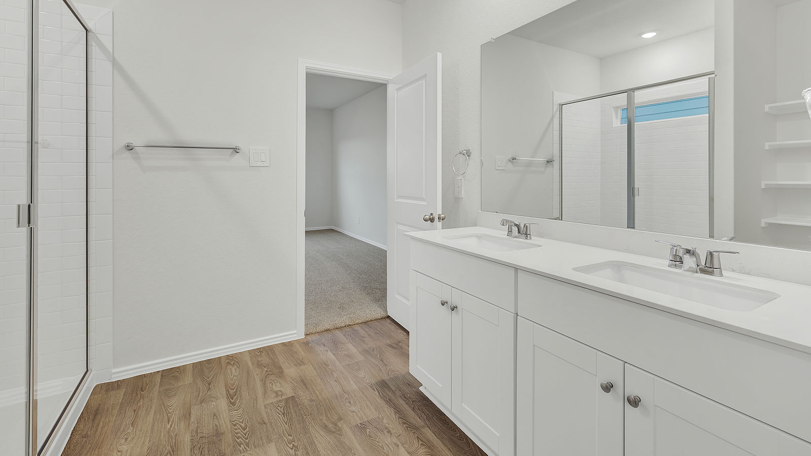 Main bathroom with vanity, shower, and closet entry.