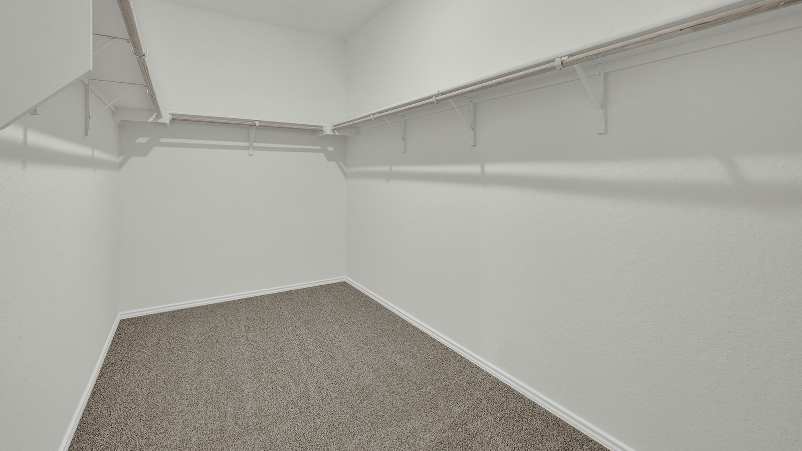 Main bedroom closet with carpeting and wooden shelving.