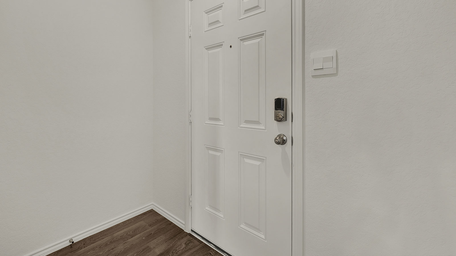 Entryway with vinyl flooring and front door.