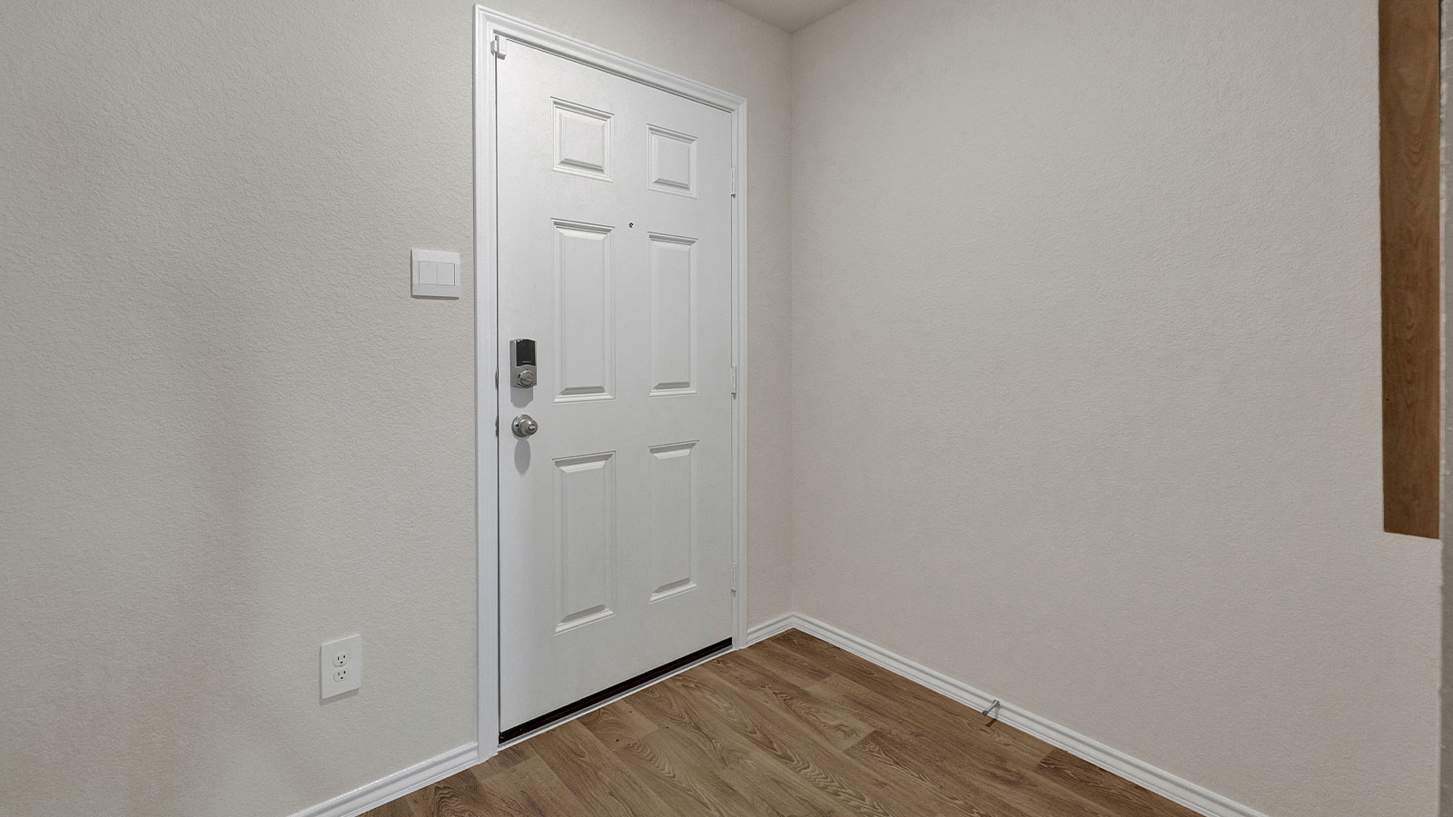 Entryway with vinyl flooring and front door.