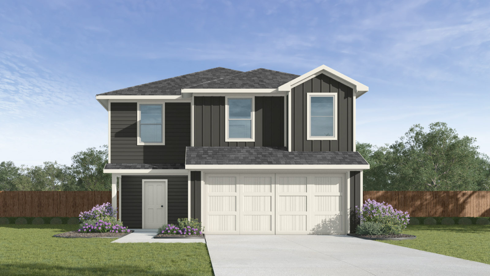 Franklin floorplan with farmhouse exteriors and a 2 car garage.