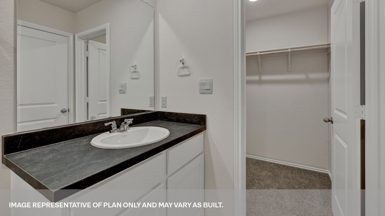 Main bathroom single sink vanity and a walk-in closet.
