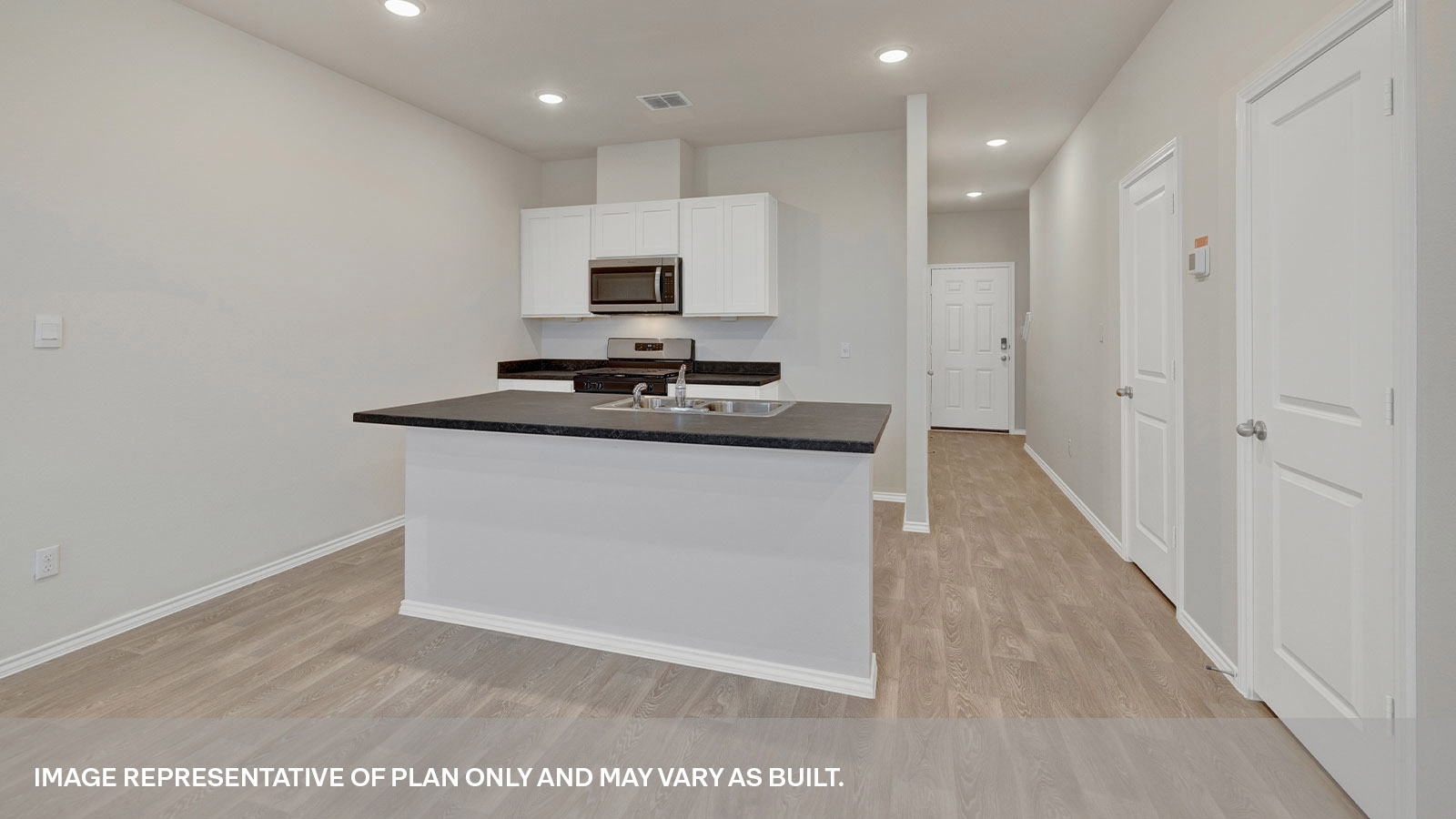 Kitchen island and entry hallway.