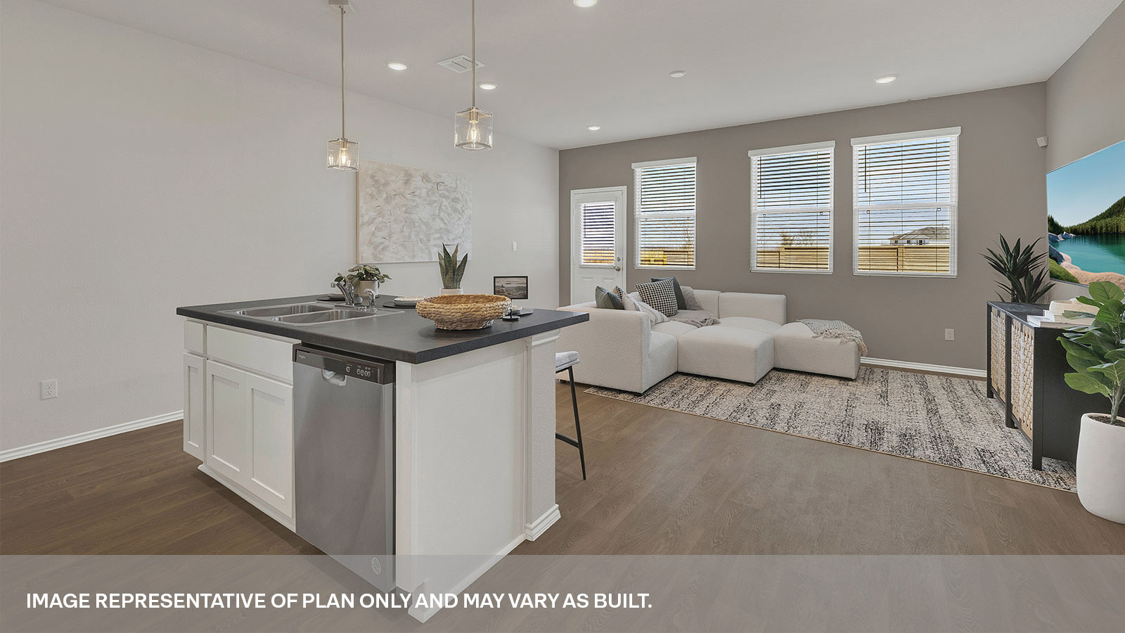 Kitchen island,  living room, entry hallway and dining area.