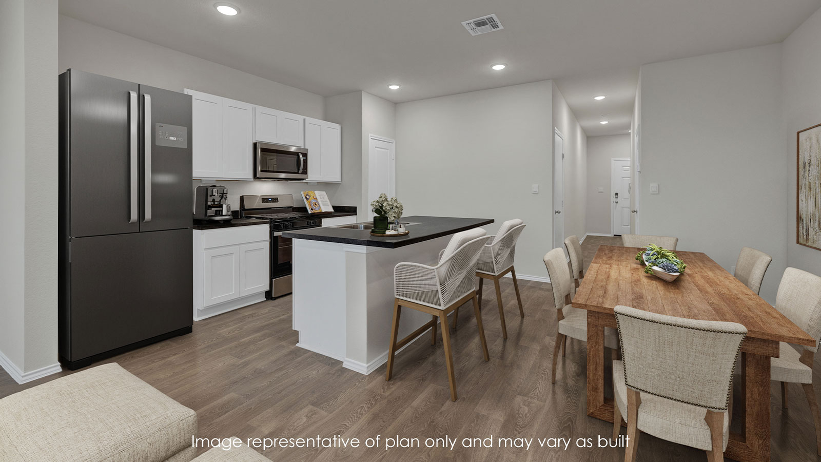 Virtually staged kitchen and dining with bar stools and dining room table.