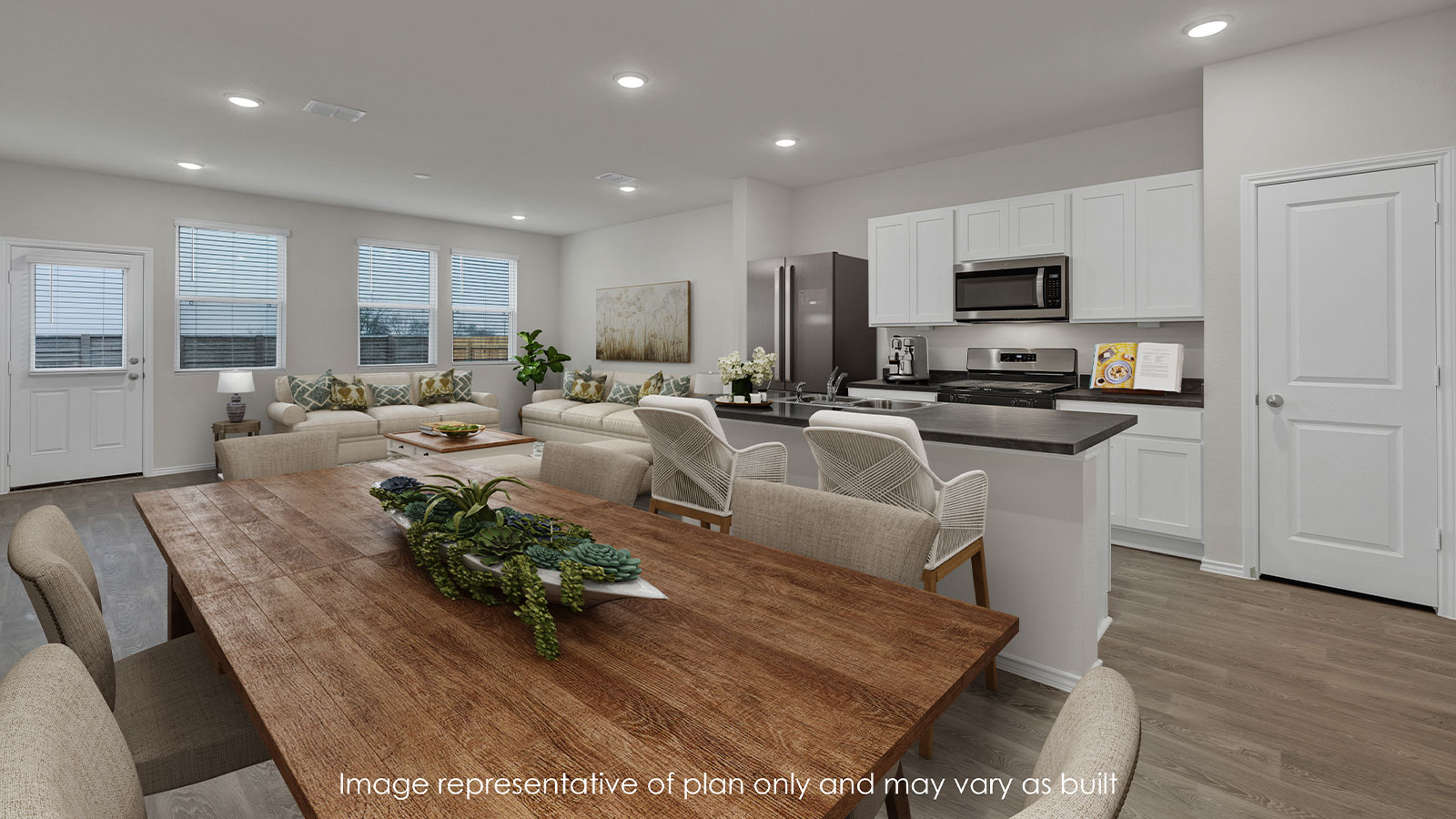 Virtually staged dining room with dining room table opening to the living room.