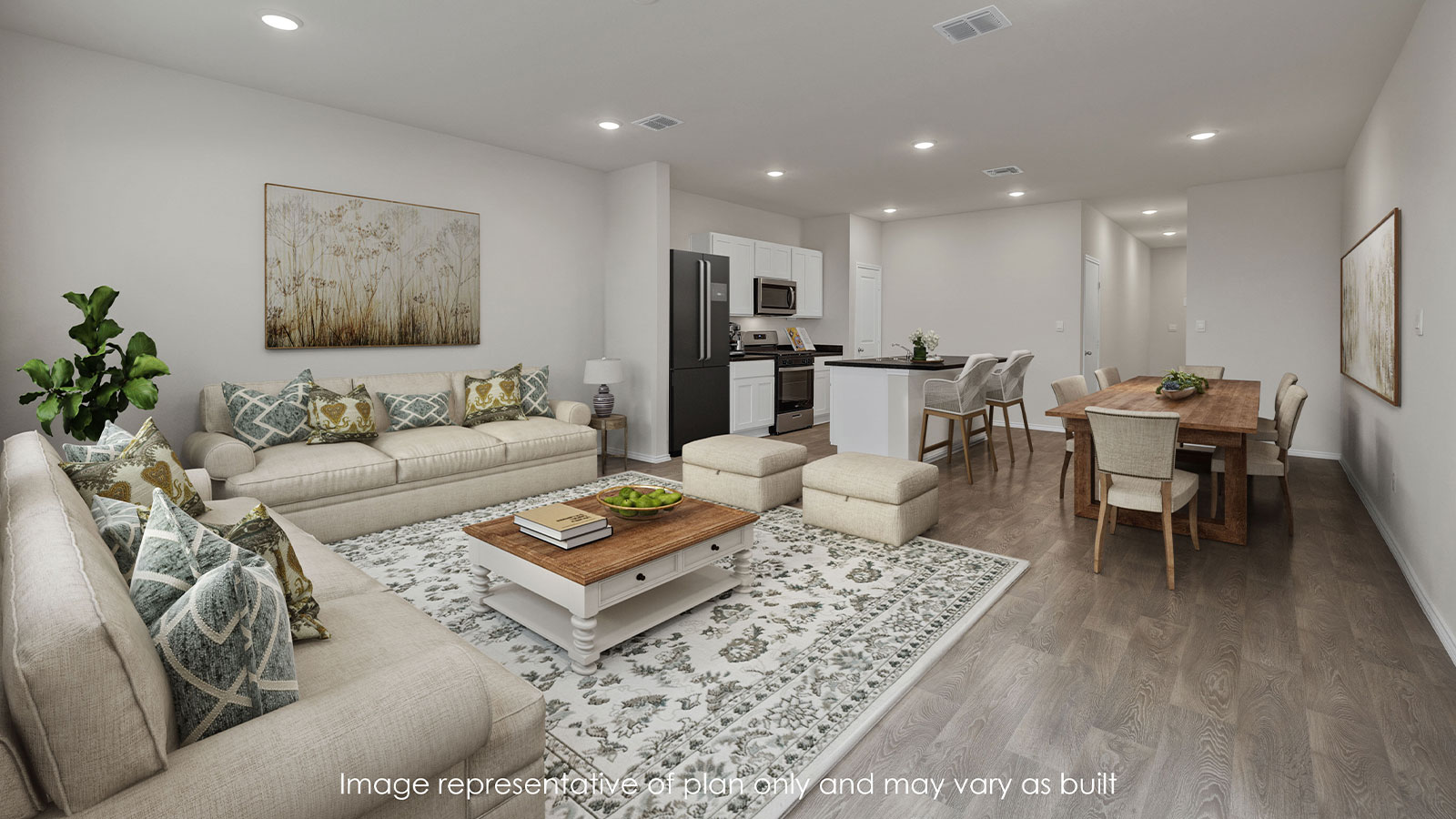 Virtually staged living room with couch, rug, coffee table, side tables and decor.