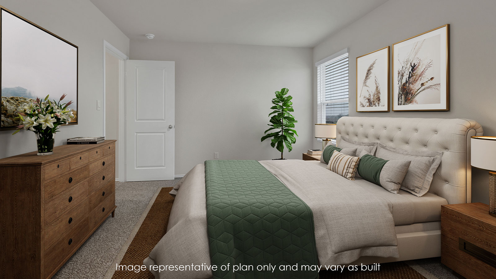 Staged main bedroom different angle showing dresser, bed, rug , and decor.