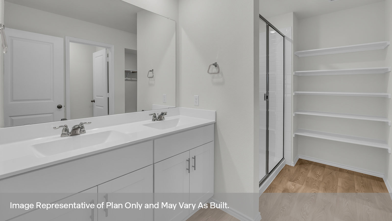 Main bathroom with double sink vanity, shower, and wooden shelving.