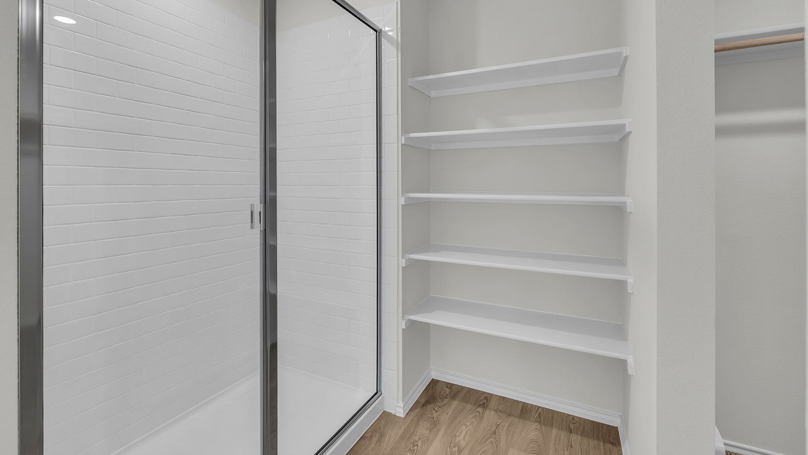 man bath walk in shower and shelves