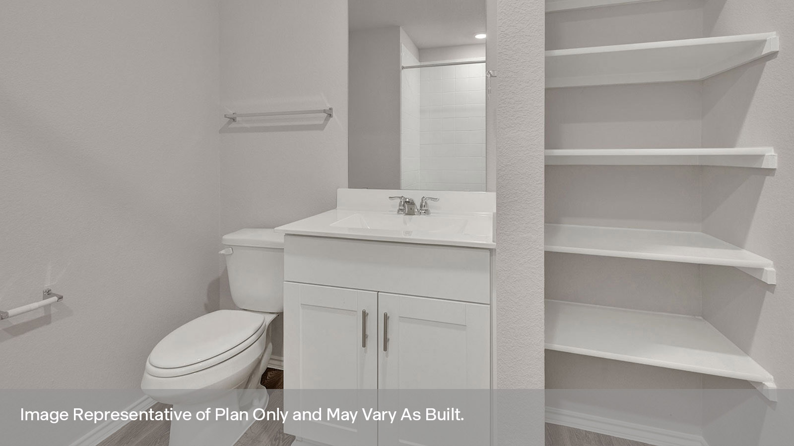 Hall bathroom with toilet, vanity, and wooden shelving.