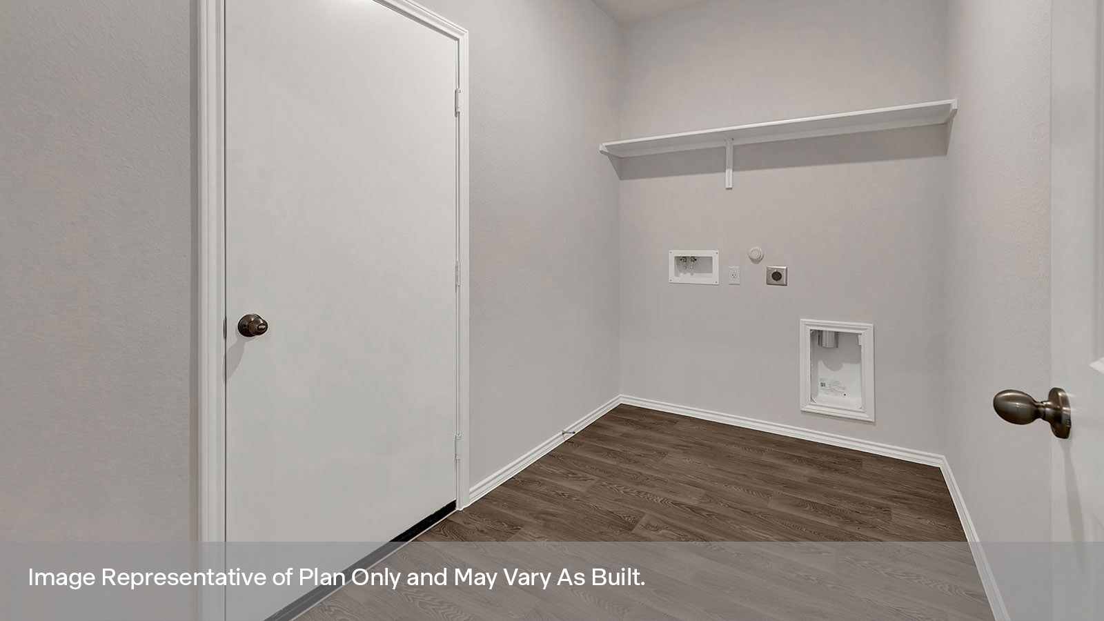 Laundry room with washer/dryer connections and wooden shelving.