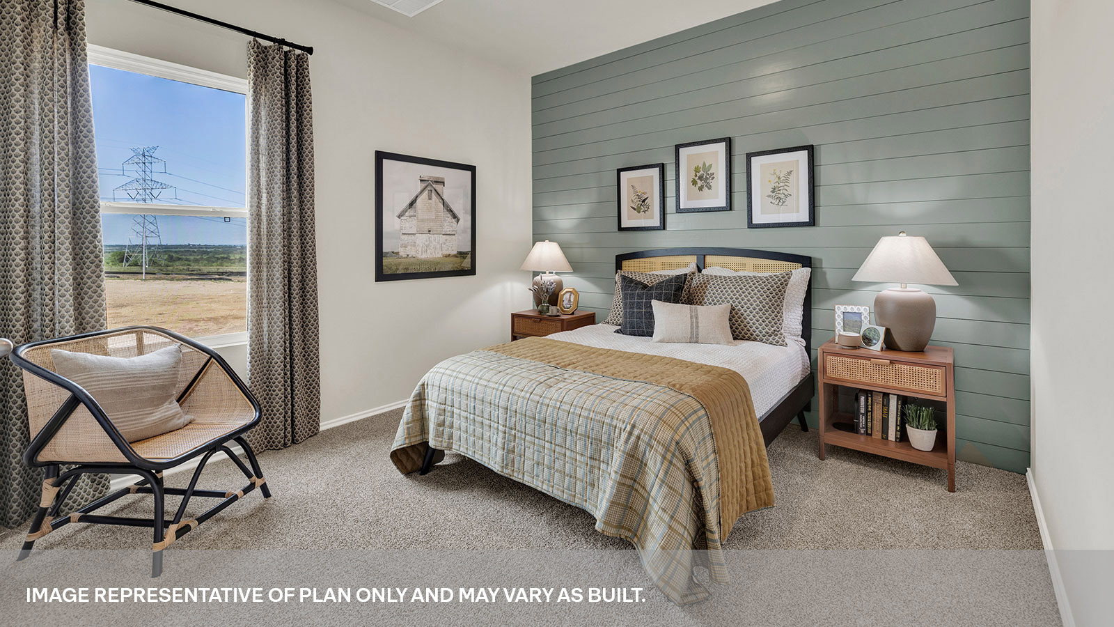 Front bedroom with carpeting and one window.