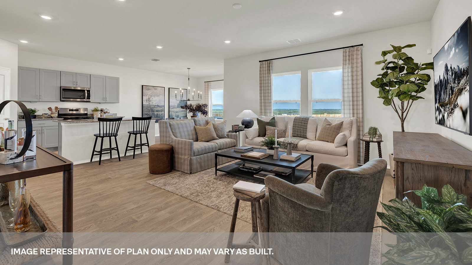Living room, entry hallway, and kitchen.