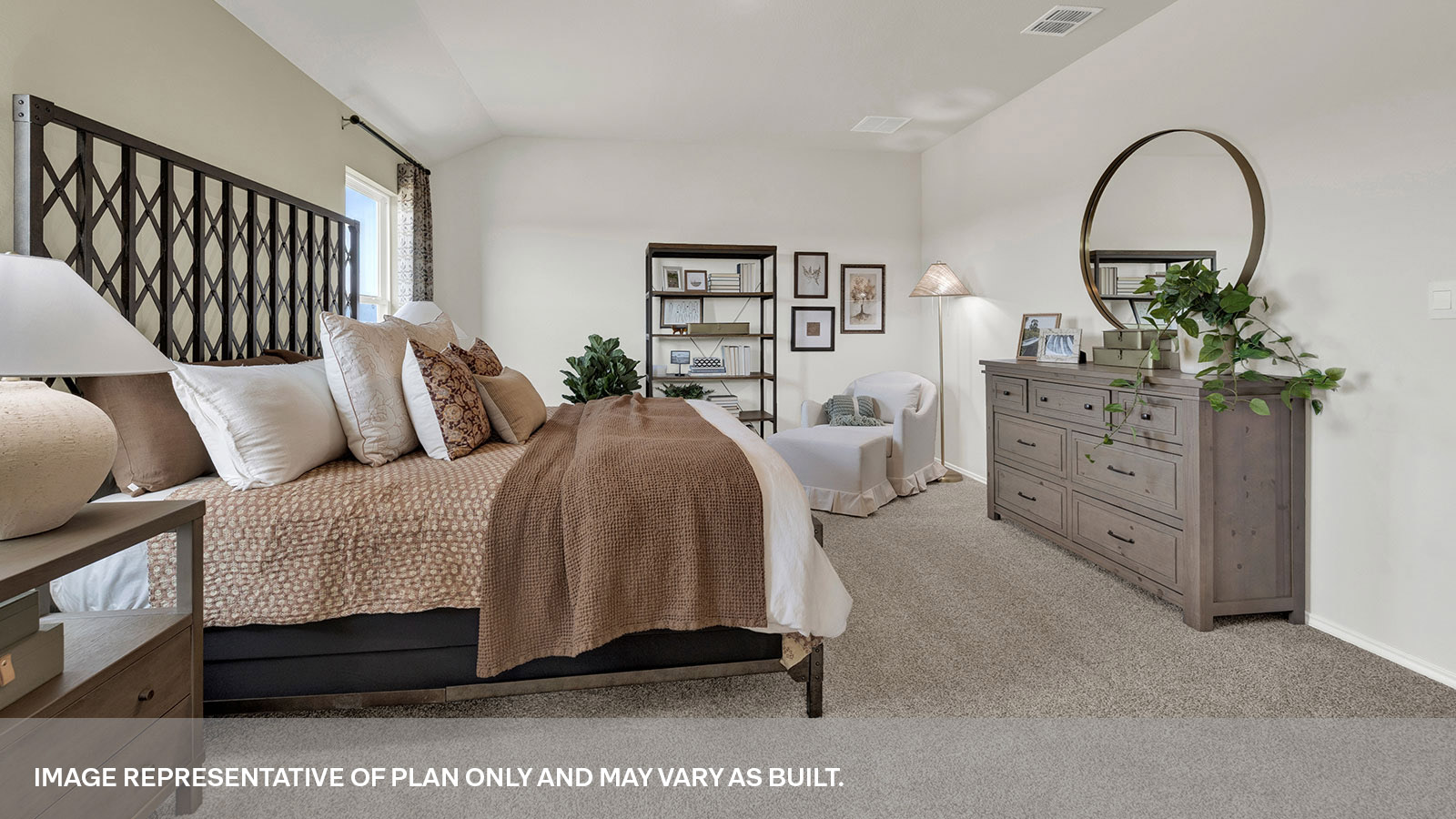 Main bedroom with carpeting and two windows.