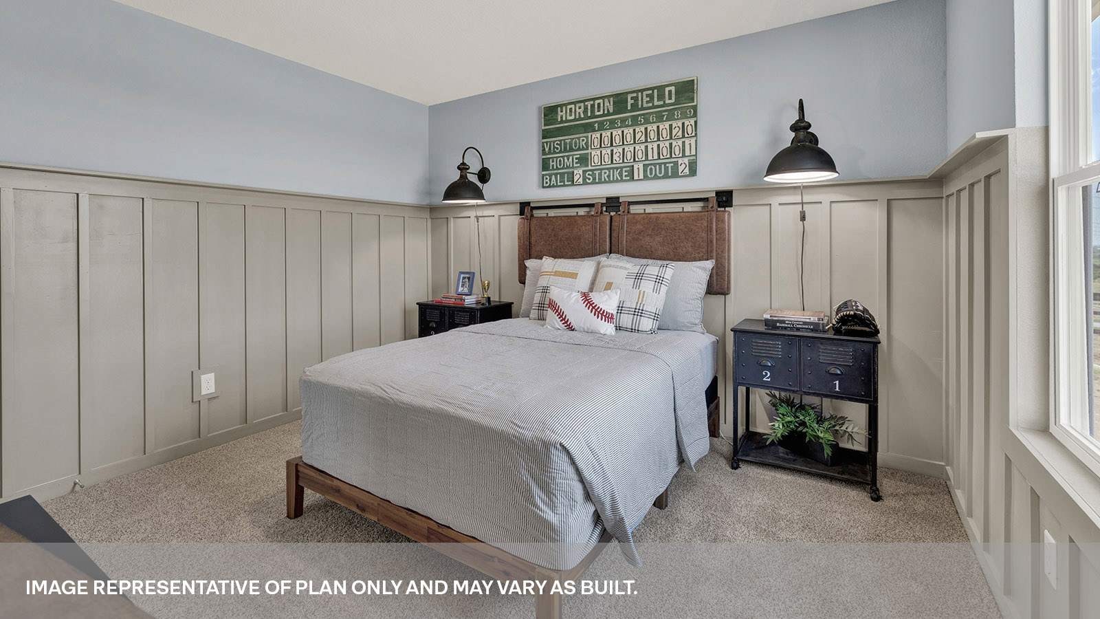 Bedroom with carpeting and one window.
