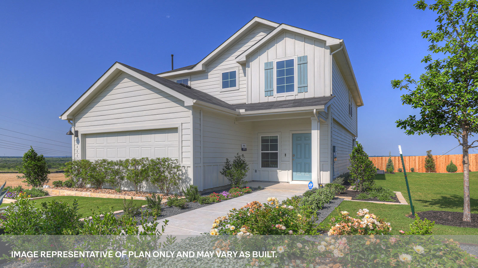 Two-story farmhouse exteriors with 2 car garage.