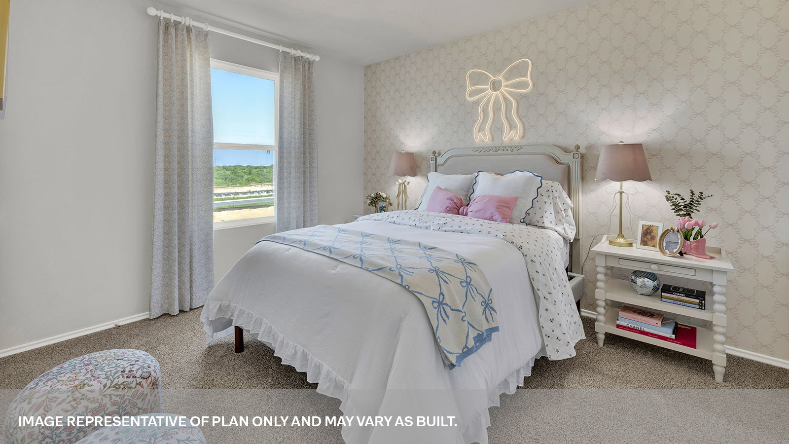 Bedroom with carpeting and one window.