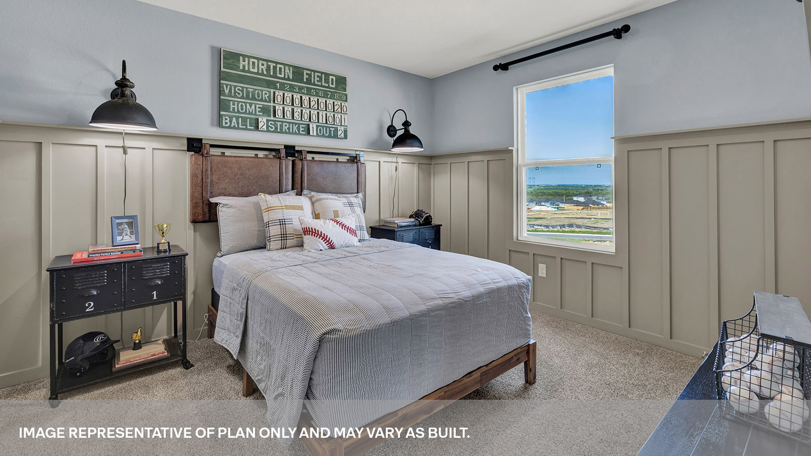Bedroom with carpeting and one window.