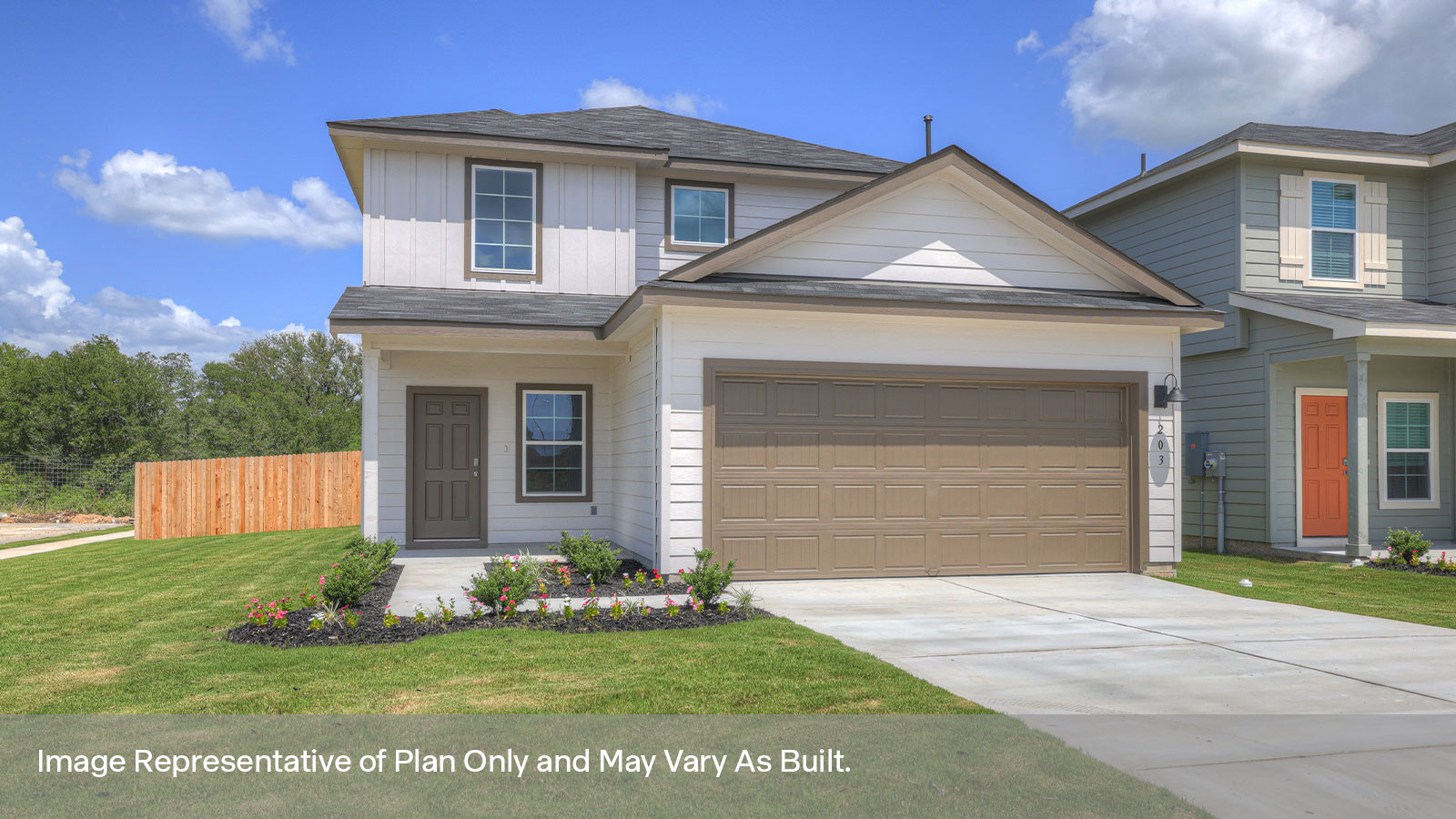 Two-story farmhouse exterior with 2 car garage. J elevation