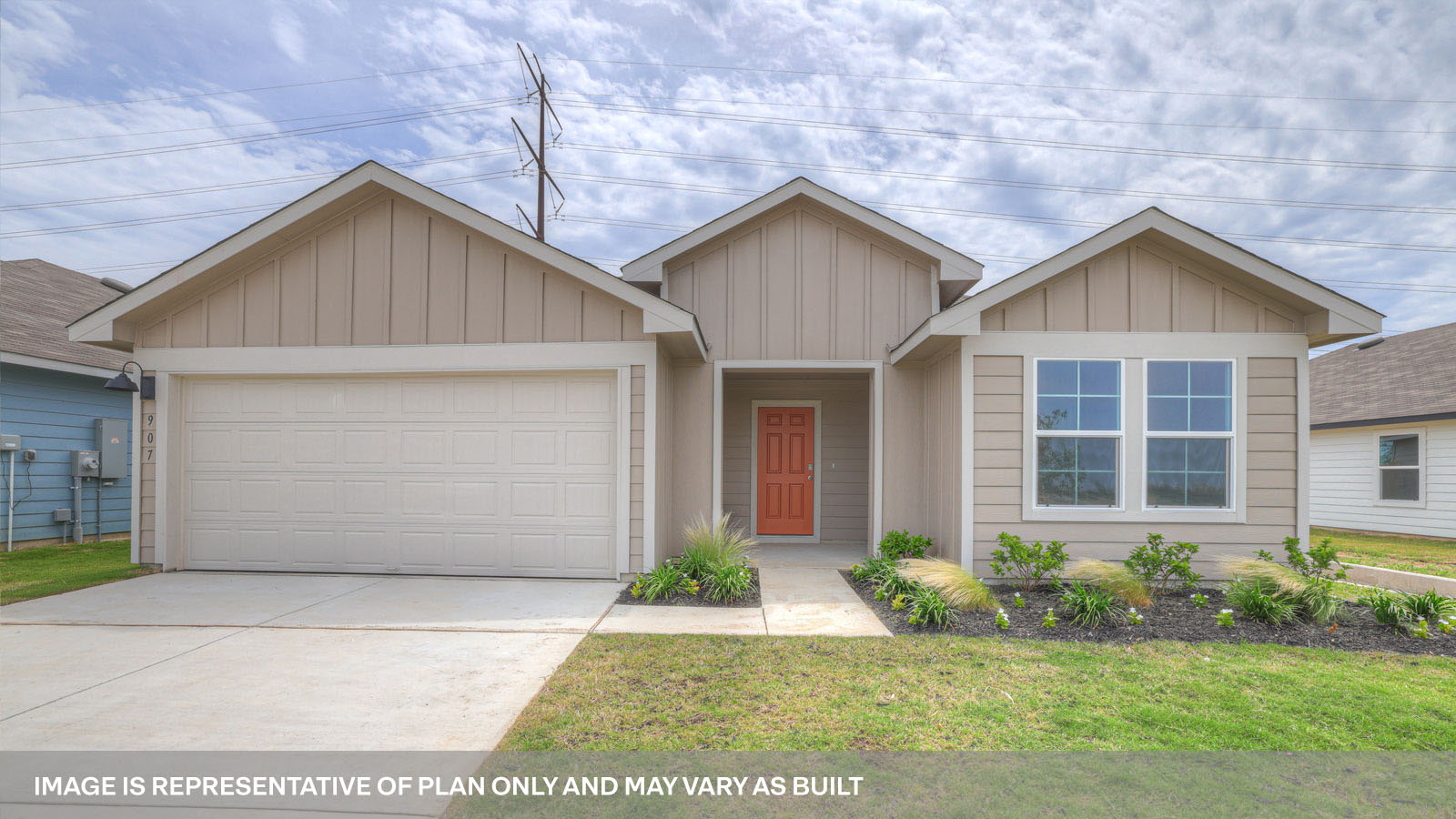 Single-story farmhouse exteriors with 2 car garage and one window.