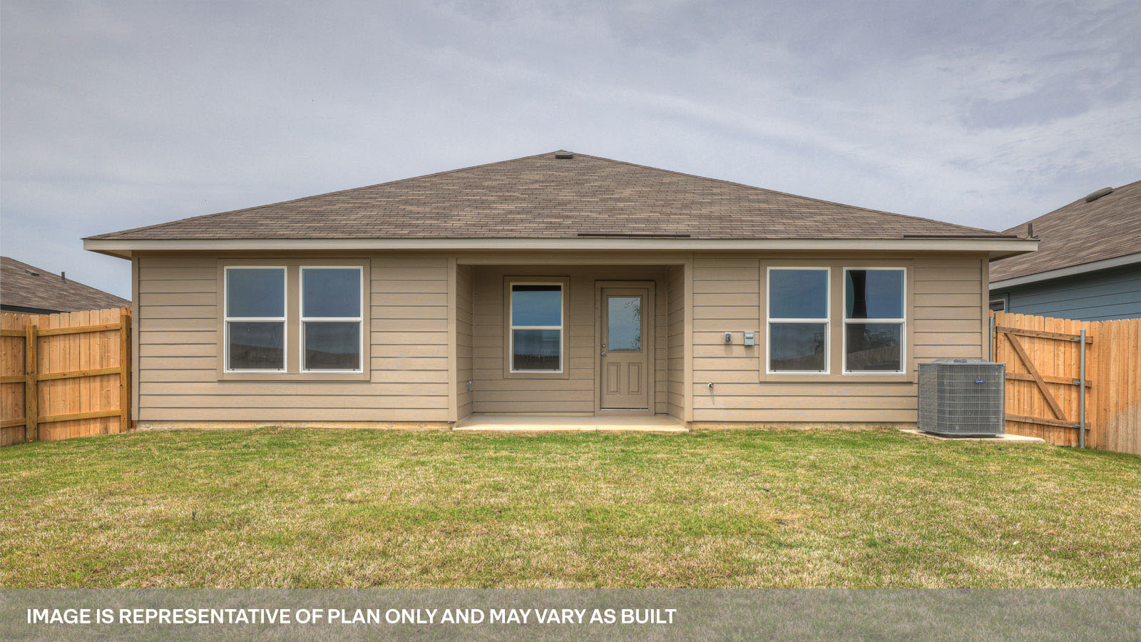 Covered patio with one window and a half lite exterior door.