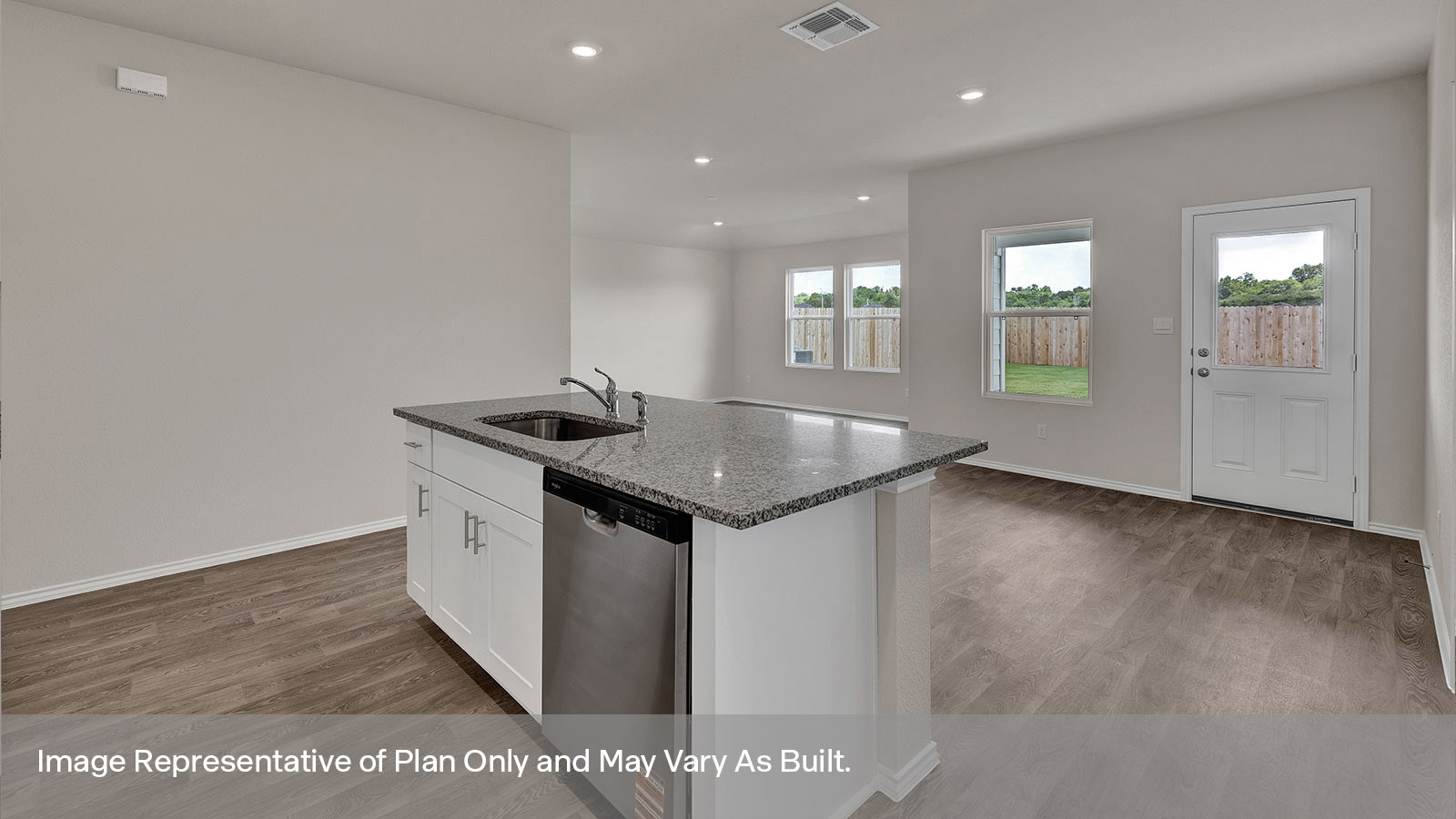 Kitchen island overlooking the dining room and living room.