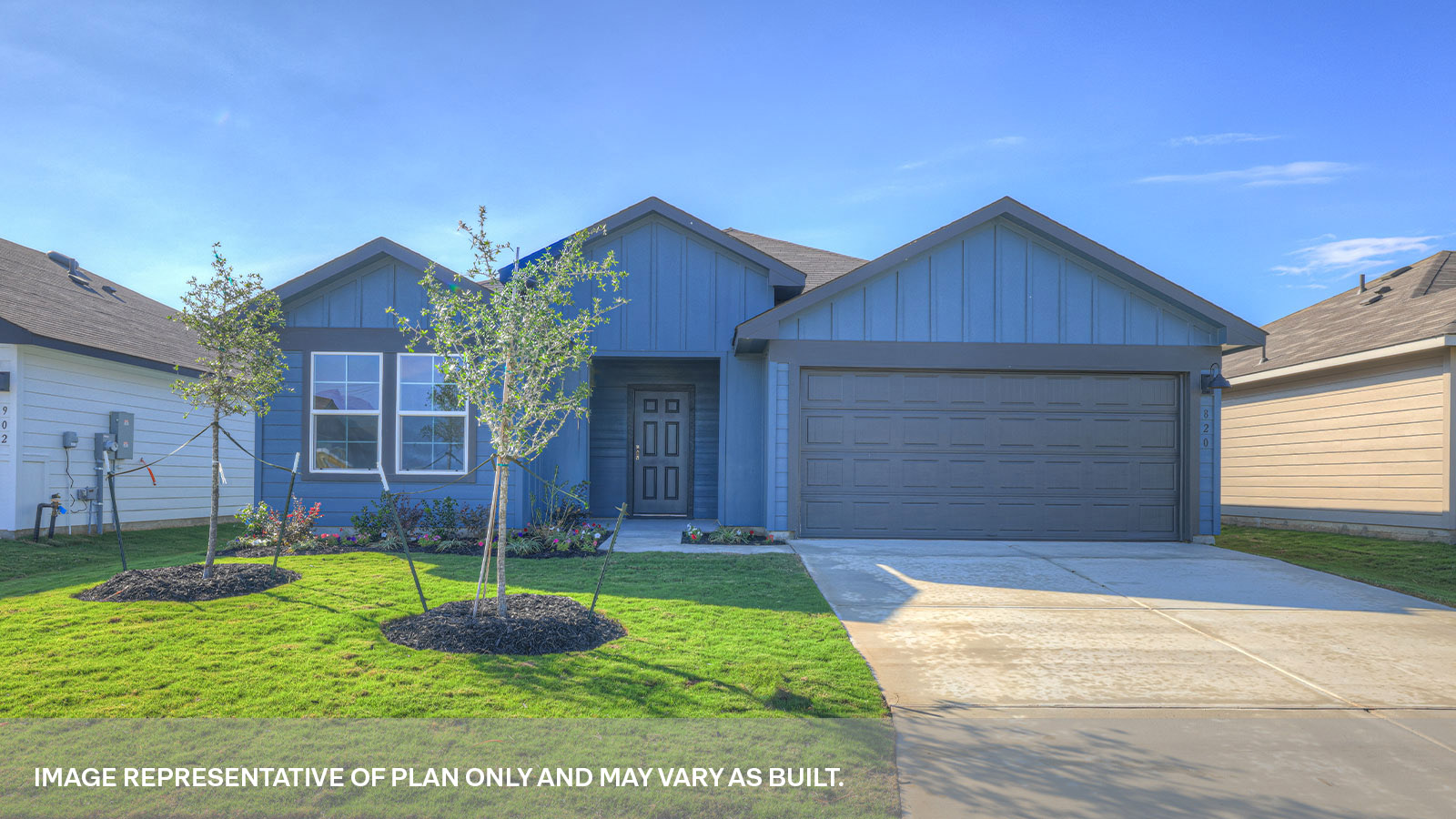 Single-story farmhouse exteriors with 2 car garage and one window.