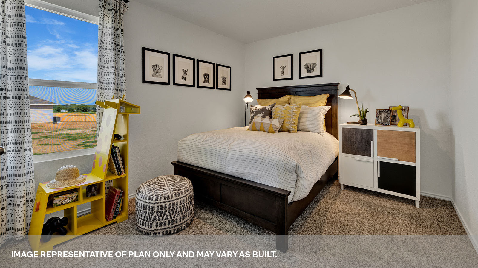 Bedroom with carpeting and one window.
