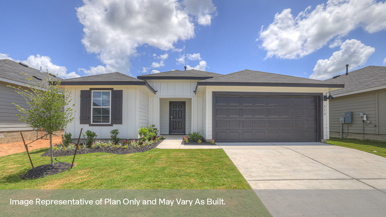 Single-story farmhouse exteriors with 2 car garage and one window.