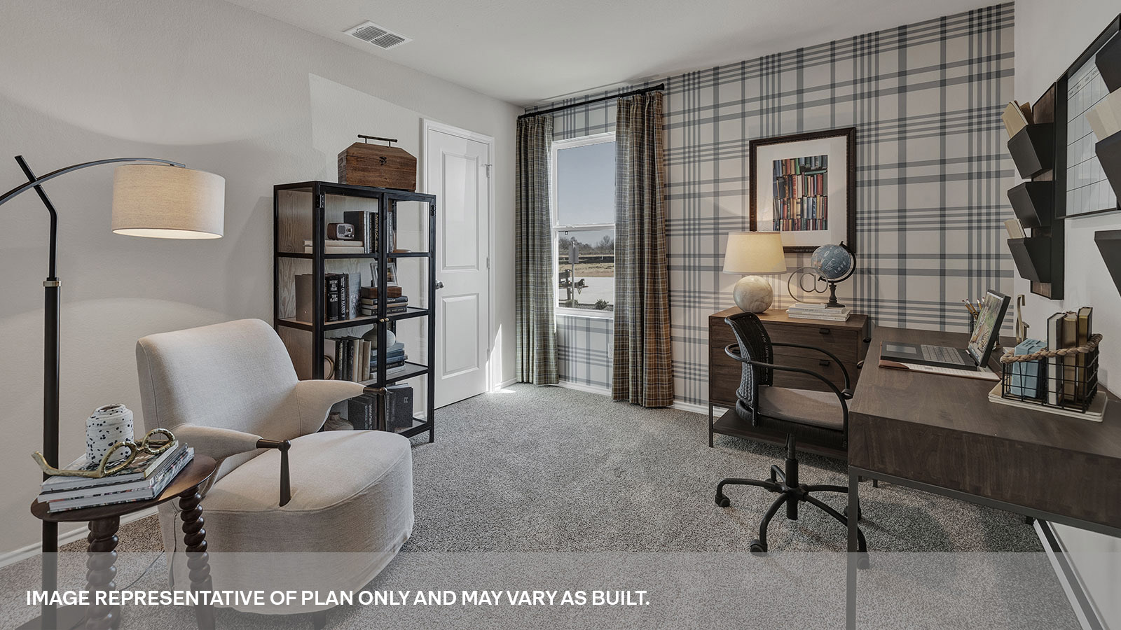 Bedroom with carpeting and one window.