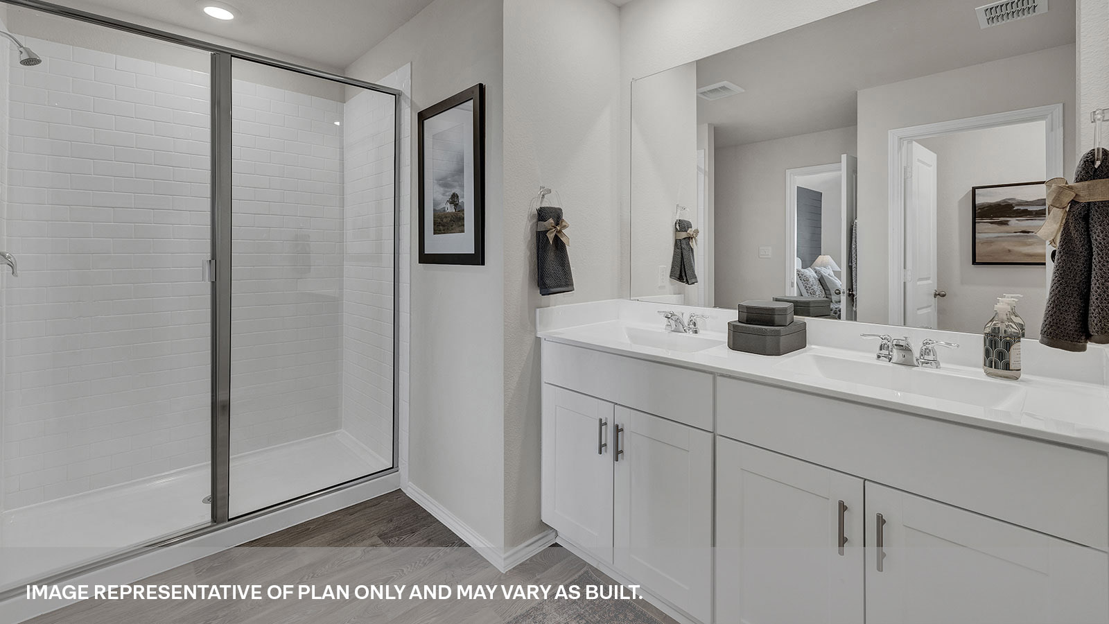 Main bathroom with wooden shelving, walk-in shower, and vanity.