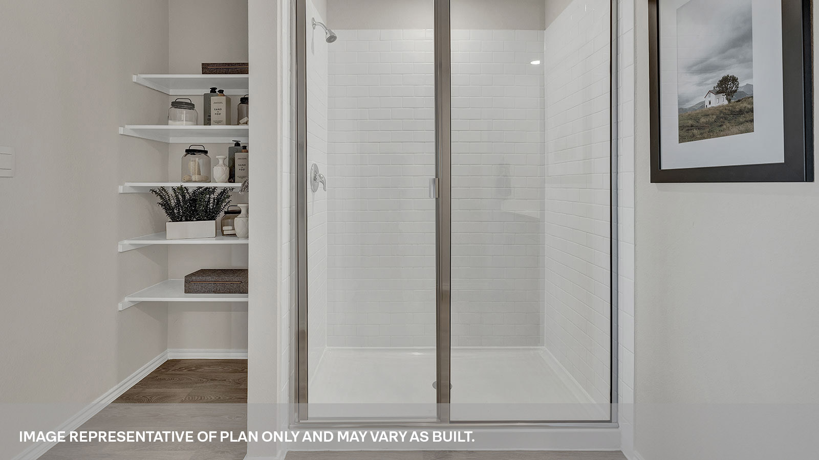 Main bathroom with large walk-in shower and double sink vanity.