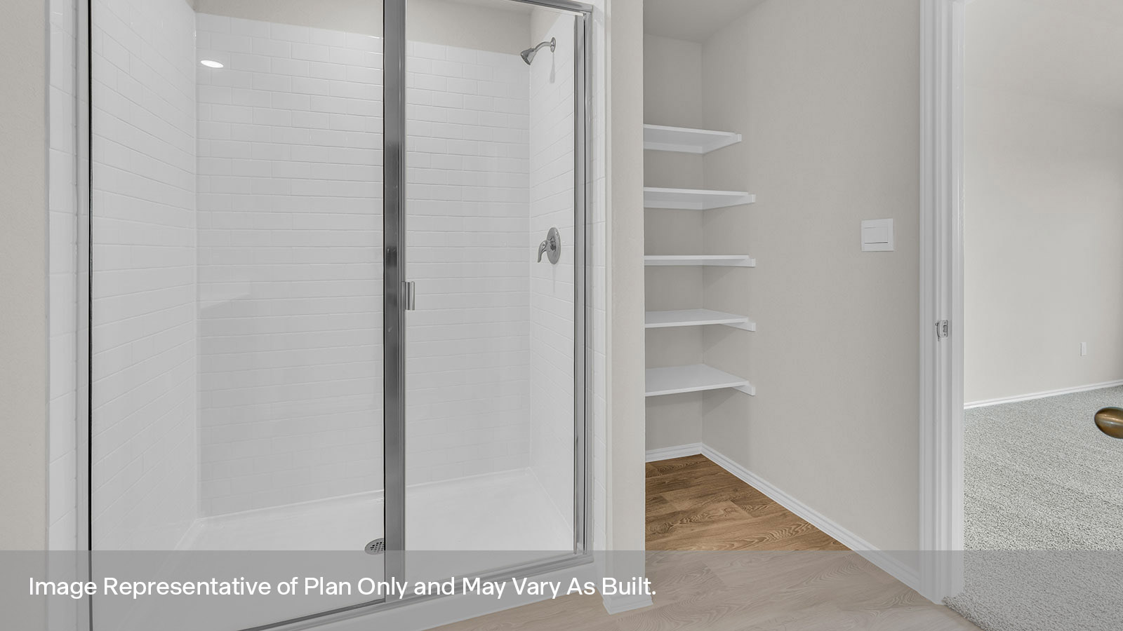 Main bathroom with walk-in shower and shelves.