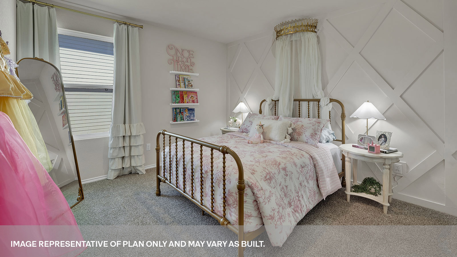 Second bedroom with carpeting and a window showing the side yard.