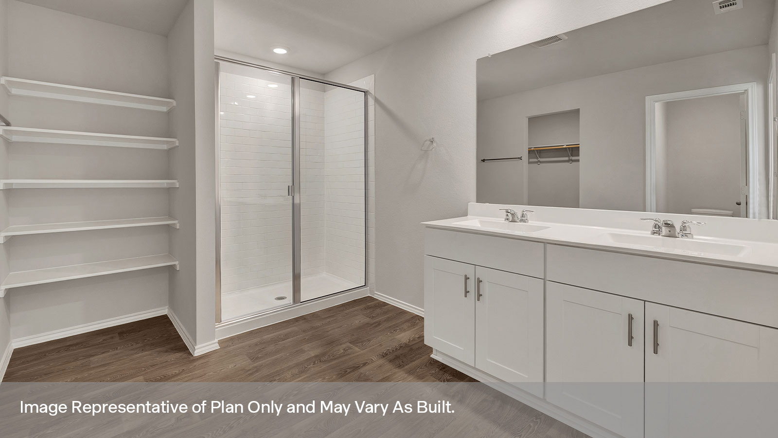 Main bathroom with double sink vanity, walk-in shower, and wooden shelving.