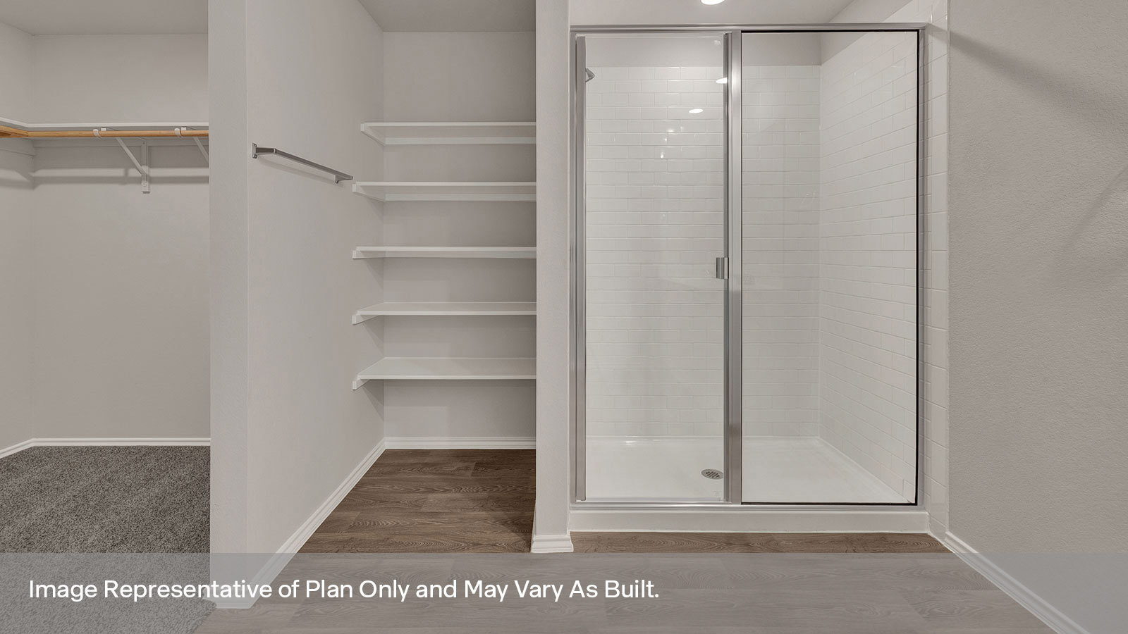 Main bathroom with double sink vanity, walk-in shower, and wooden shelving.