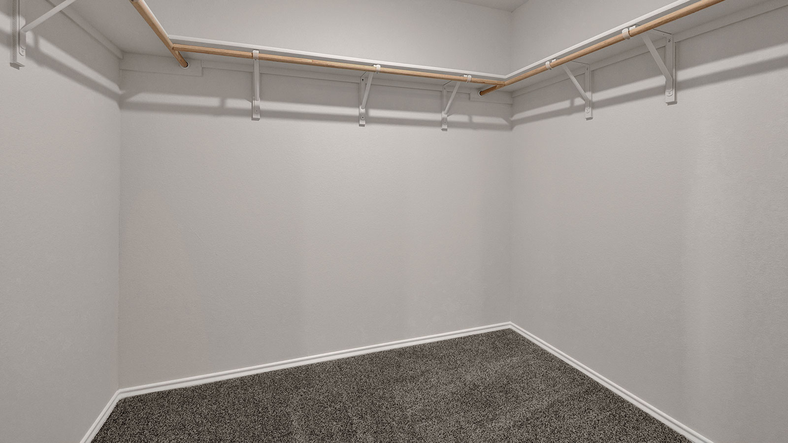 Main bedroom closet with carpeting and wooden shelving.
