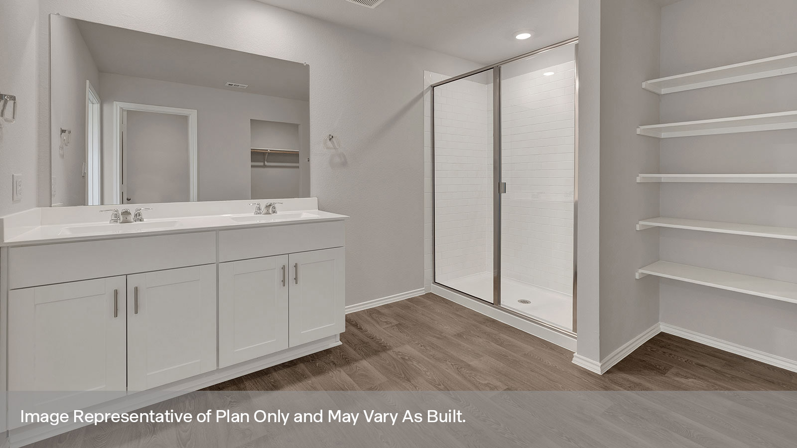 Main bathroom with shelves, walk-in shower and a double sink,