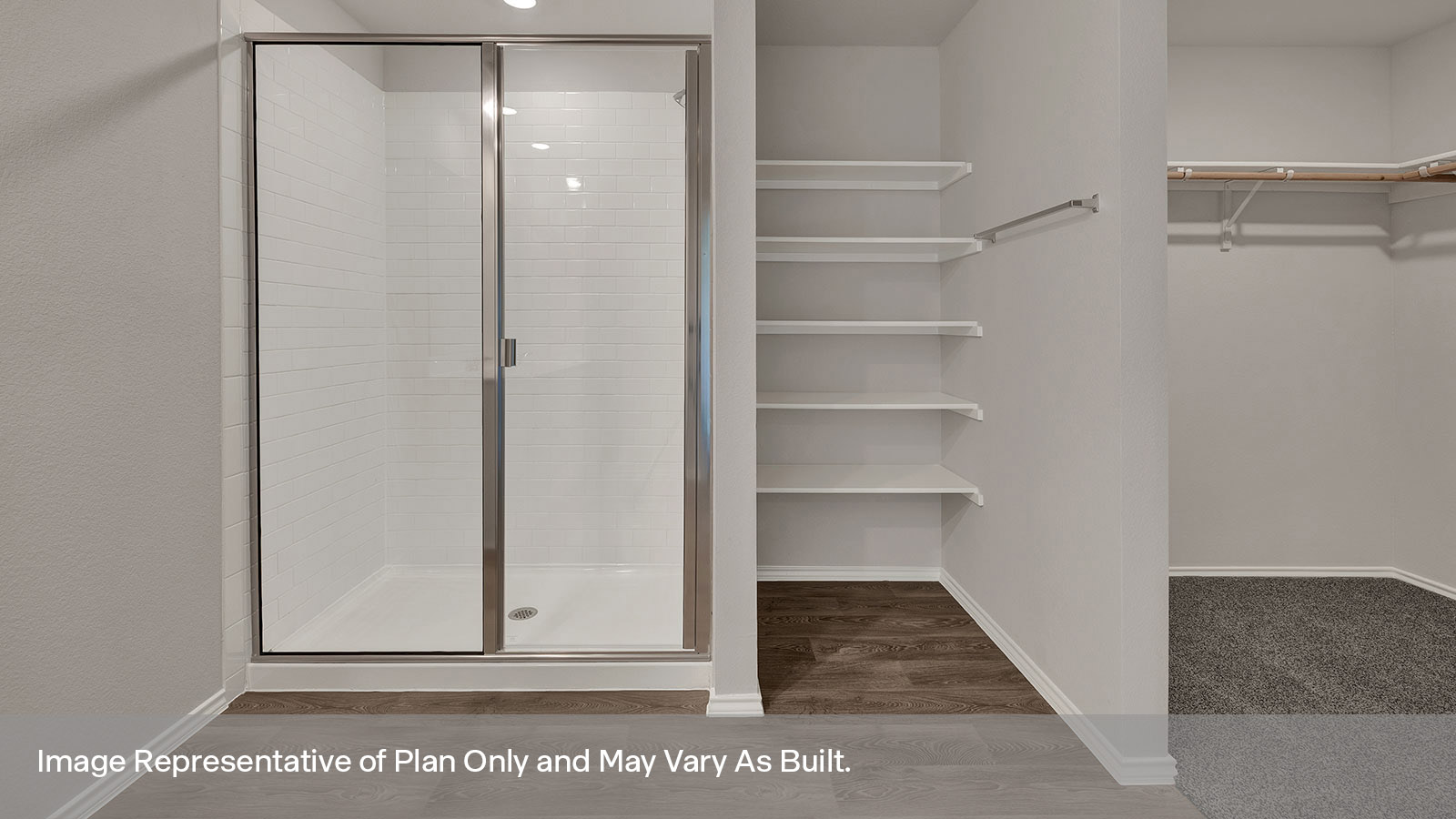 Main bathroom with a wooden shelves and a walk-in shower.