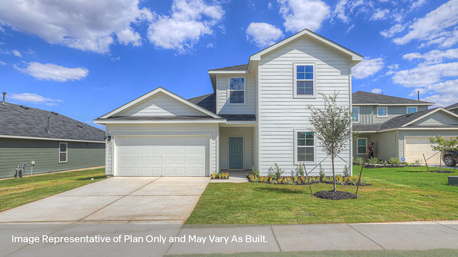Two-story with farmhouse exteriors, 4 windows, and a 2 car garage.