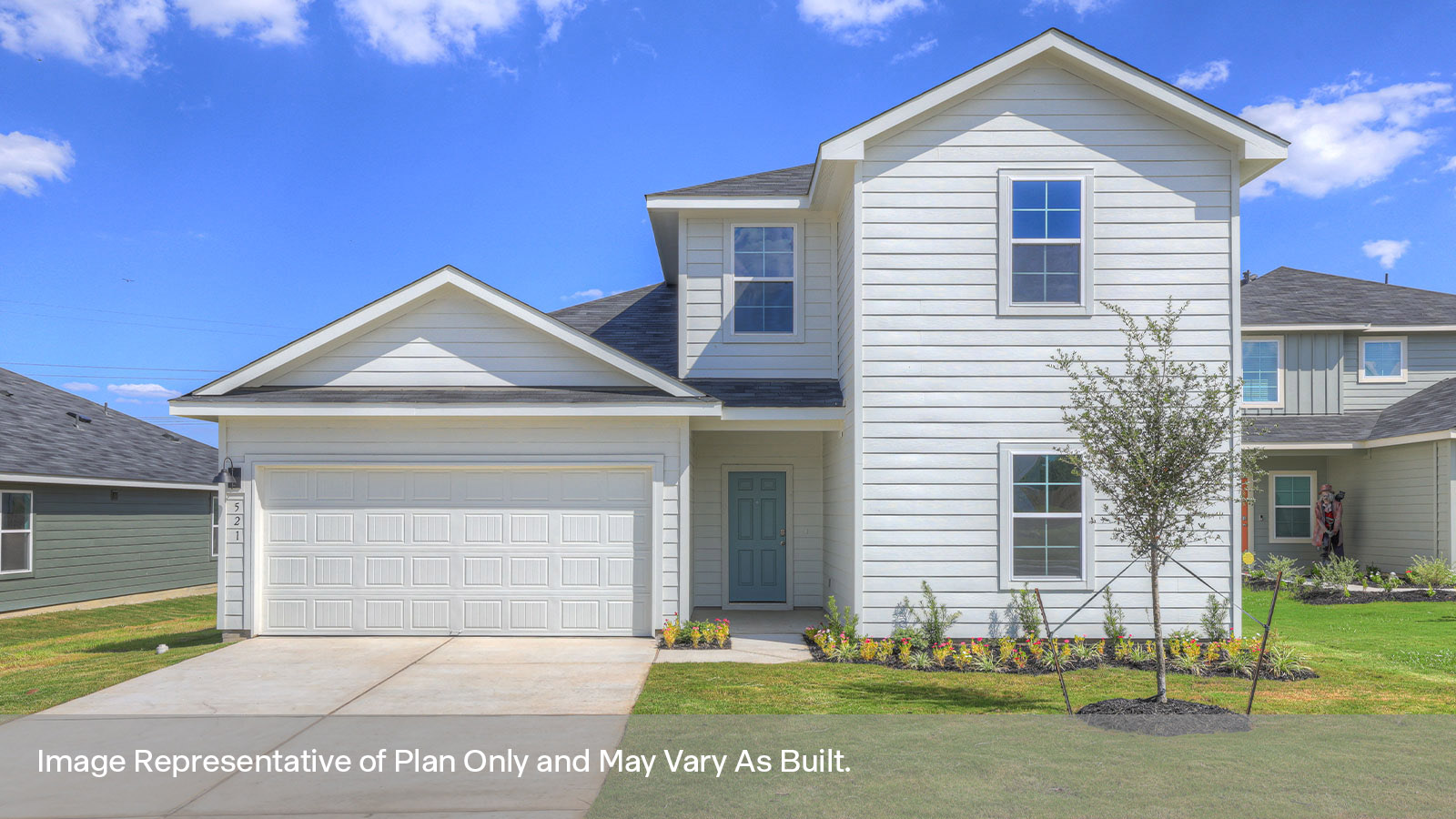 Two-story with farmhouse exteriors, 4 windows, and a 2 car garage.