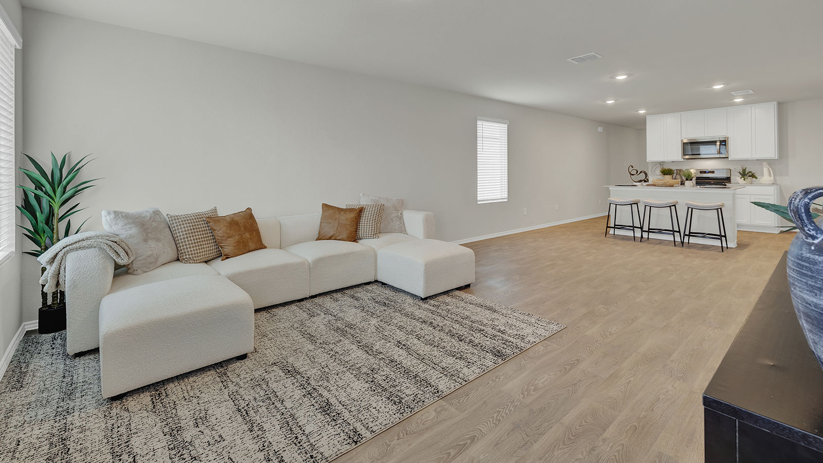 Staged living room with couch, rug, and tv console.