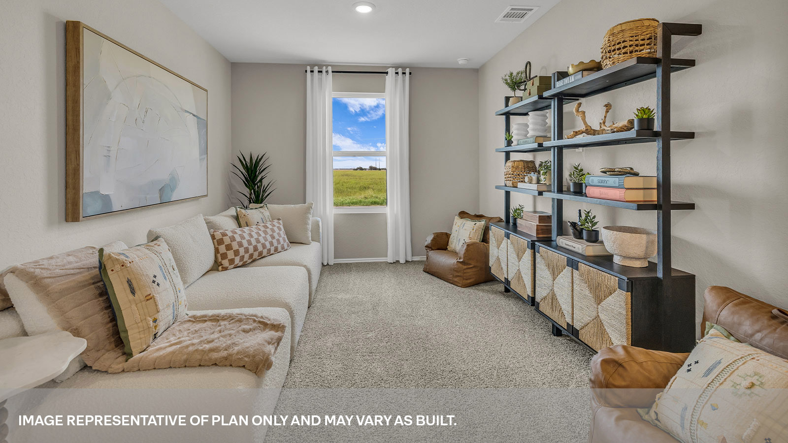 Gameroom with carpeting and bedroom hallway.