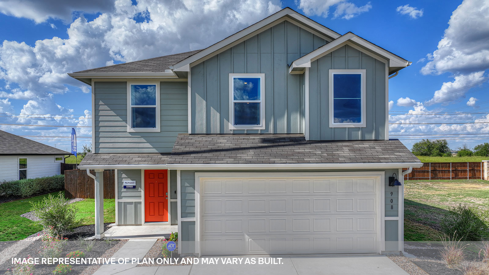 Franklin floorplan with farmhouse exteriors and a 2 car garage.