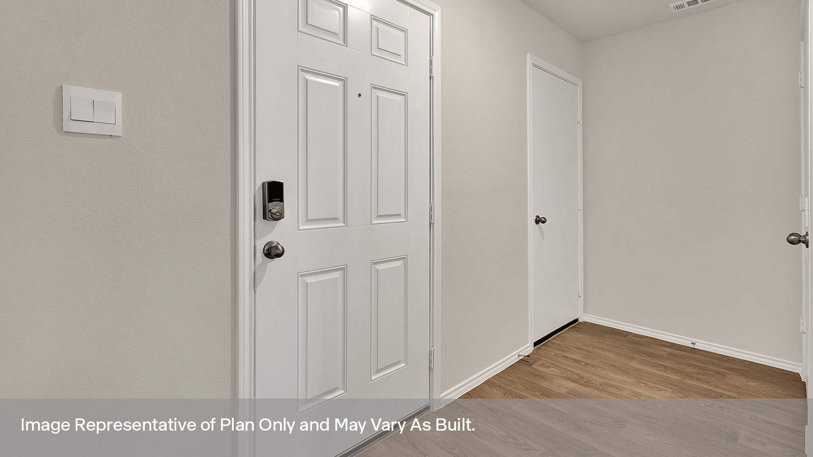 Laundry room with washer/dryer connections and wooden shelving.