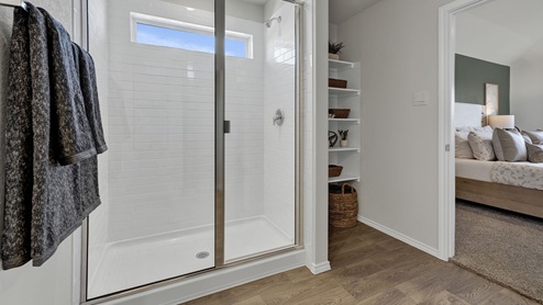 Main bathroom with large walk-in shower and wooden shelving.