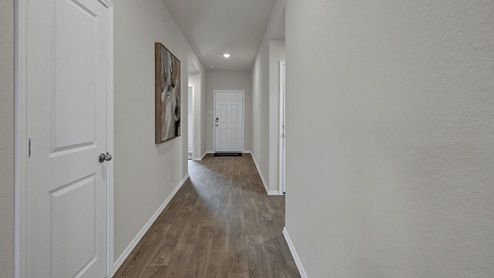 Entry hallway with vinyl flooring.