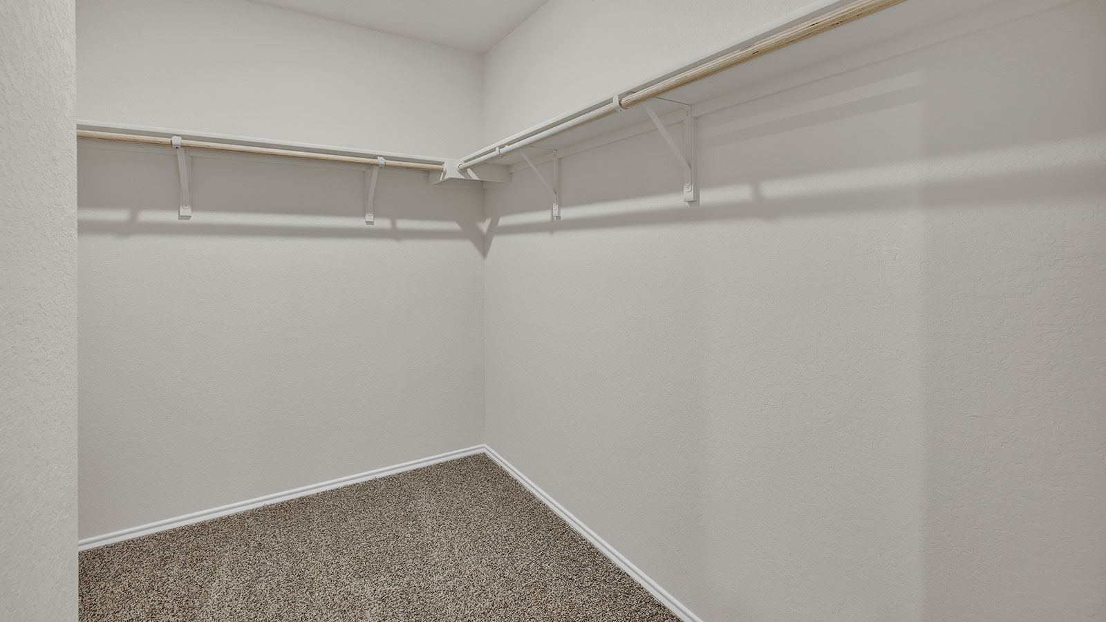 Main bedroom closet with carpeting and wooden shelving.