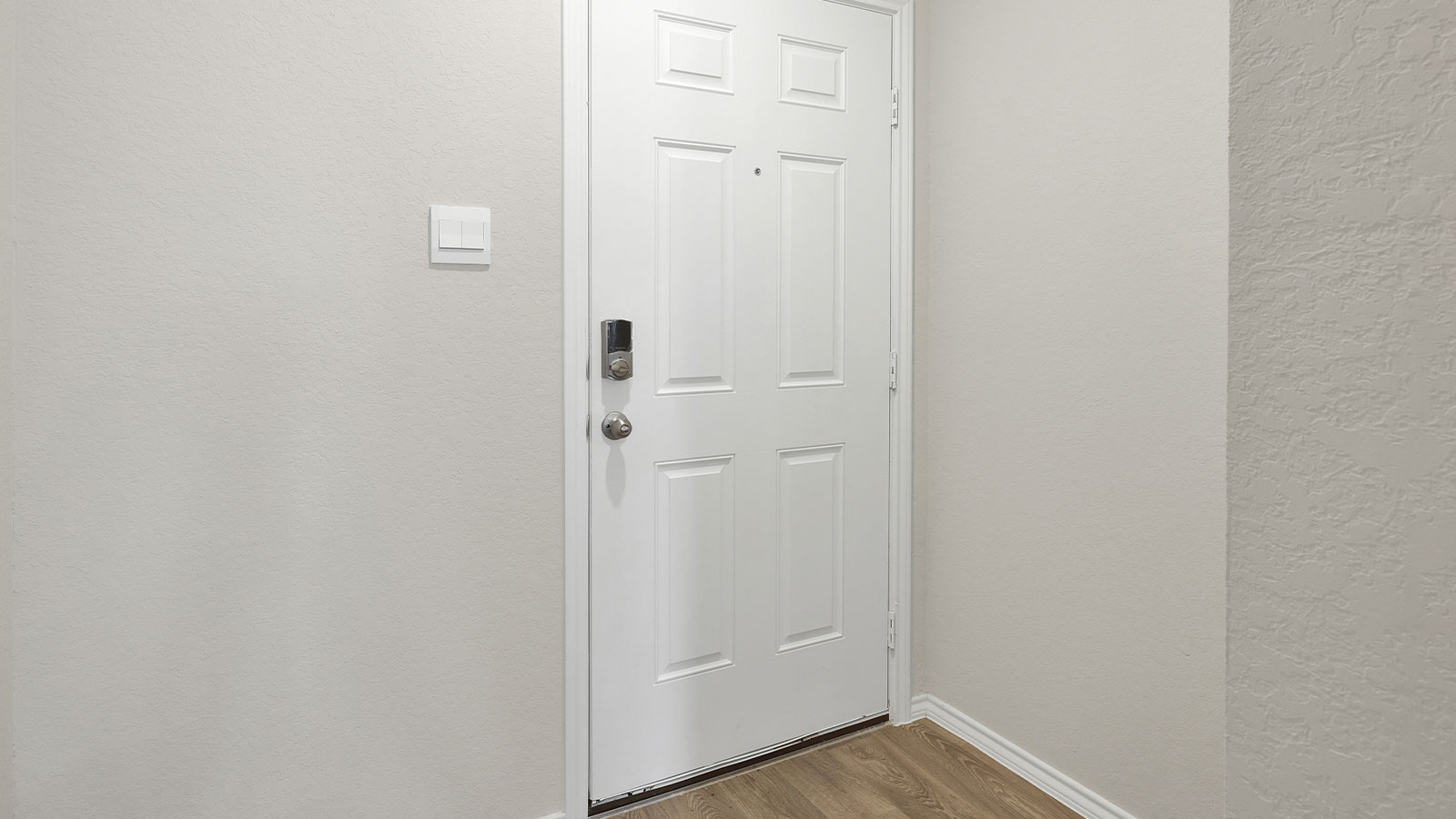 Entryway with vinyl flooring and front door.